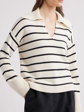 Nordstrom Cream and Black Striped V-Neck Polo Sweater- Cotton cashmere blend.
